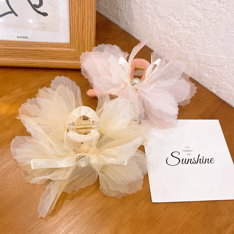 

Lace Mesh Flowers Hair Claw Clip Women Headwear Sweet Crystal Bowknot Hair Clip Clamp for Girls Pince Cheveux Femme