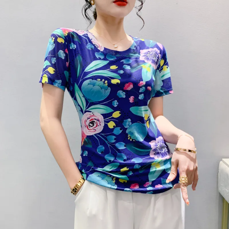 # 5436 летняя сетчатая футболка с цветочным принтом женские винтажные футболки
