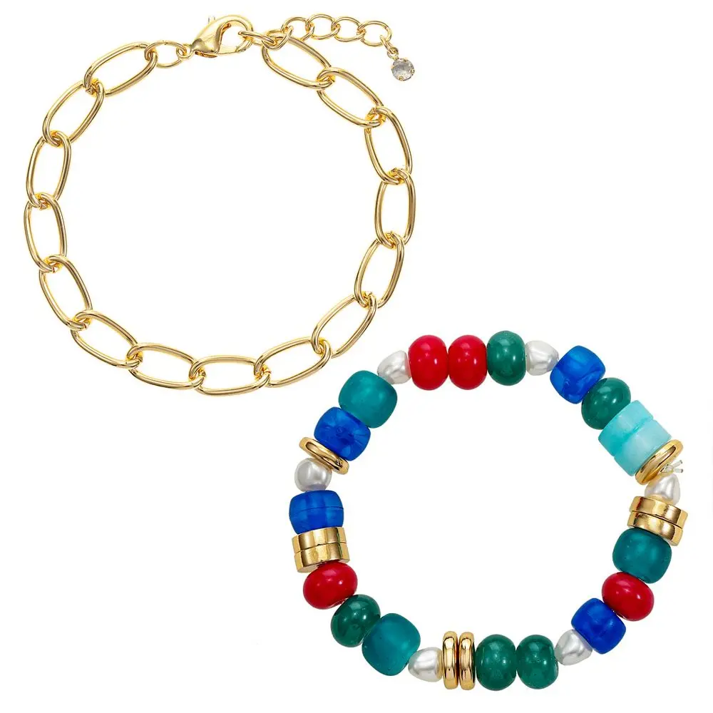

Women`s Multicolored Bead and 14K Gold Flash Plated Bracelet Set, 2 Pieces