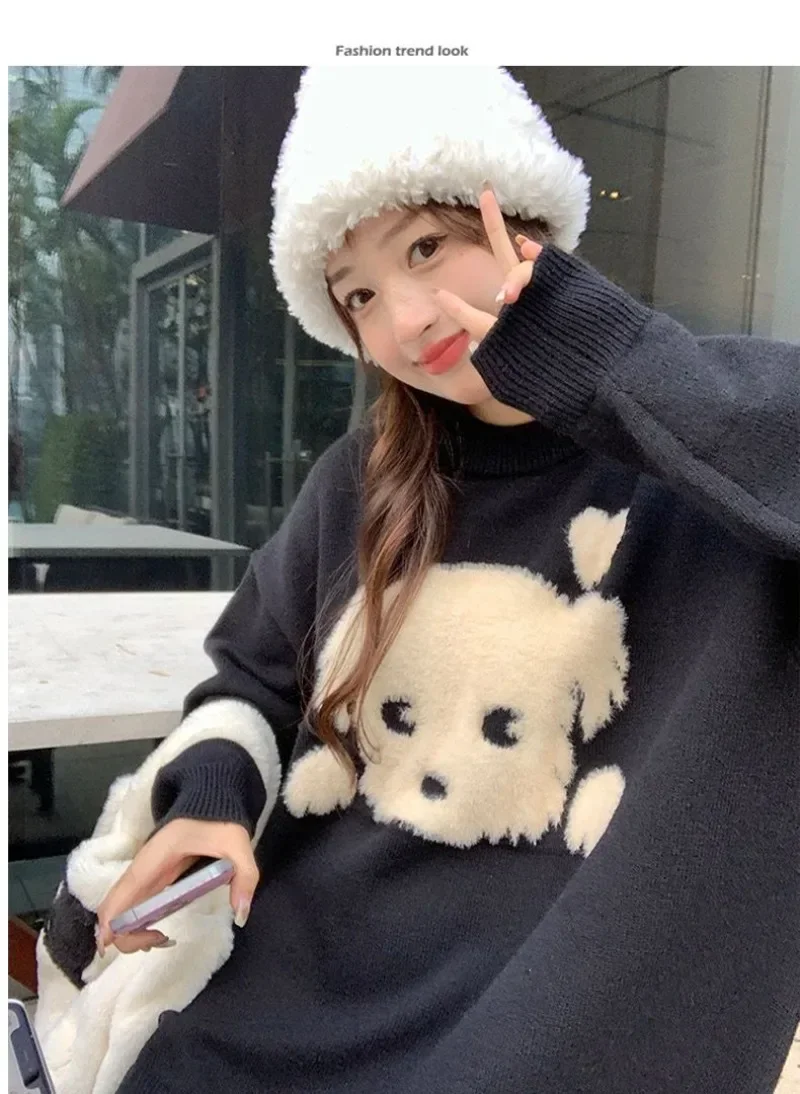 Y2K свитера с круглым вырезом черные пуловеры мультяшным принтом собаки вязаные в