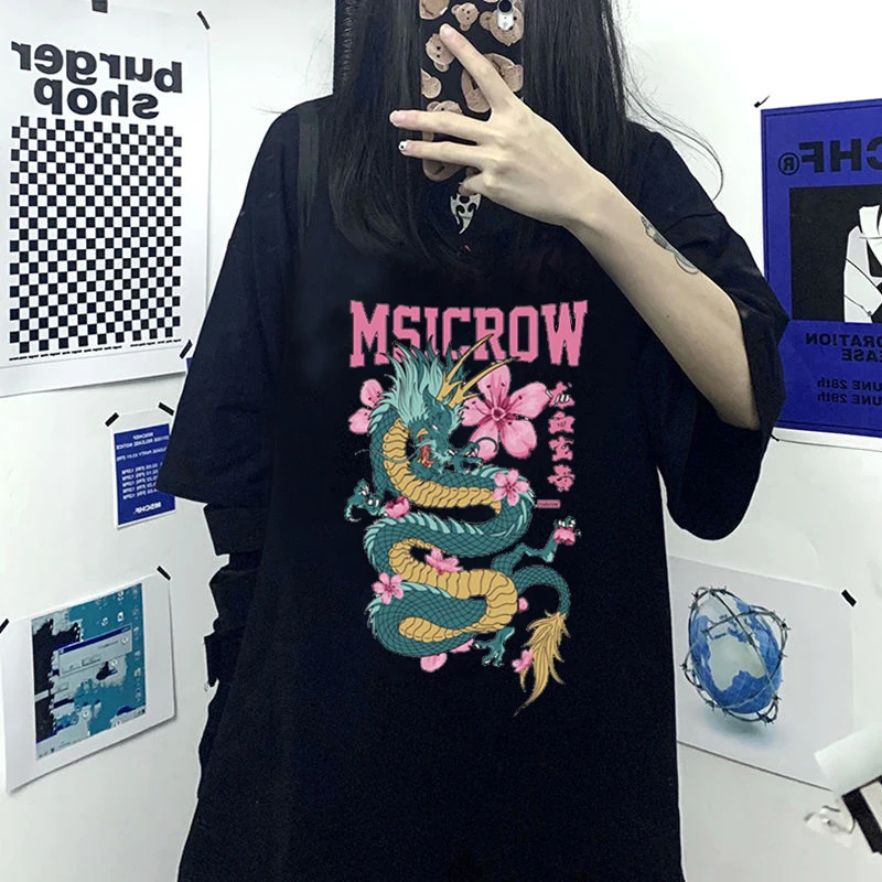 

Summer Gothic Vintage O Neck T-shirt Harajuku Simple Chinese Dragon Print Short Sleeve Top Fashion Punk Street Women's Clothing
