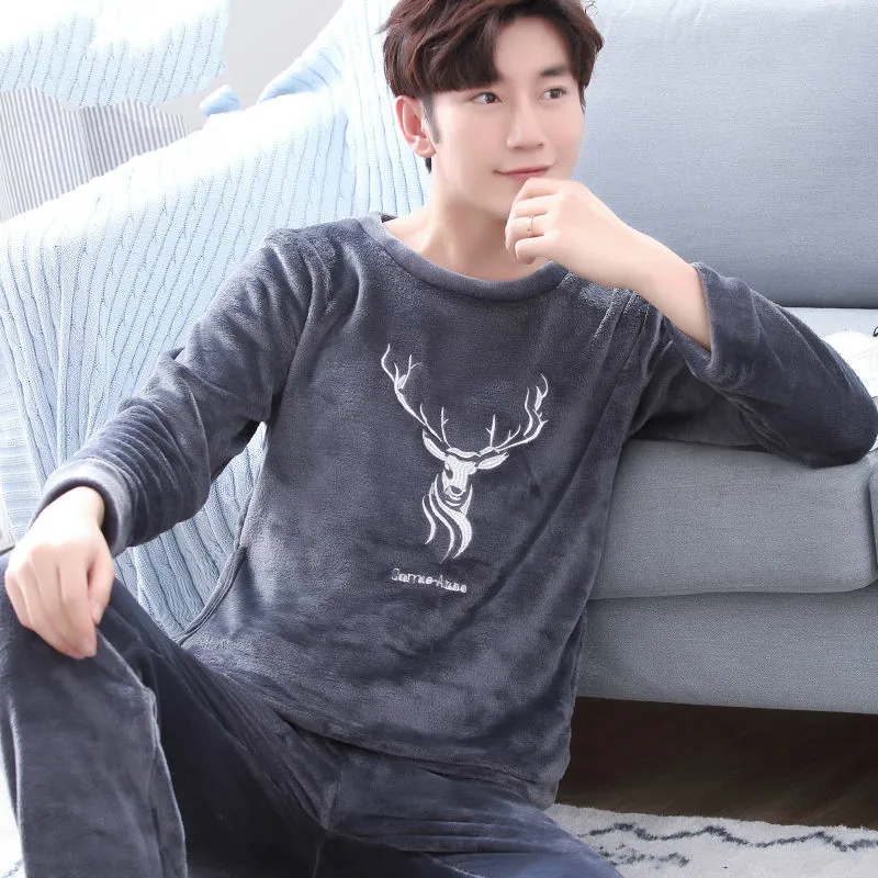 Winter Warm Flannel Pajamas Sets Male Men Nightwear Plus Size Sleepwear Long Pant Winter Warm Pijamas Trouser Suits