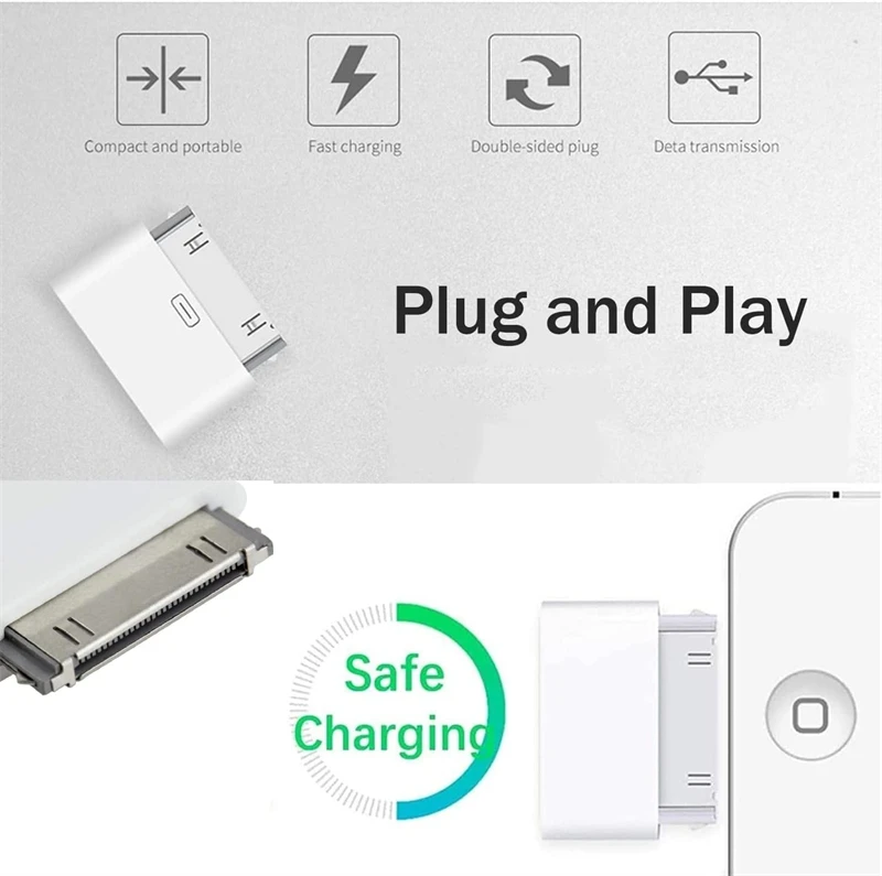 Фото Адаптер USB-C на 30-контактный разъем Type-C (8-контактный на 30-контактный) для зарядки и синхронизации iPhone 4/4S, iPad 2/3, iPod Touch. Кабель для зарядки. №3