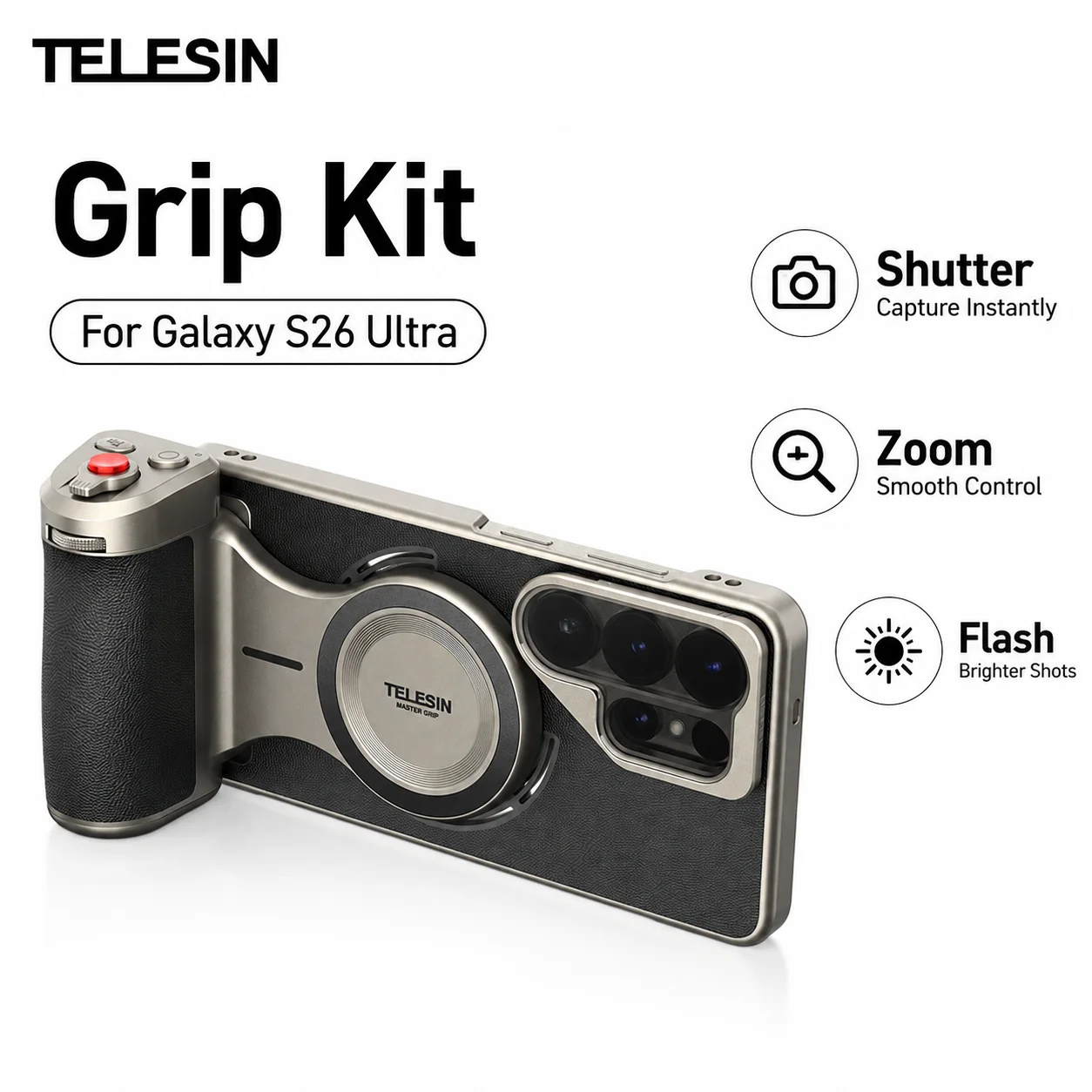 Фото Комплект для профессиональной фотосъемки TELESIN Master Photography Case Grip Kit для Samsung Galaxy S26 Ultra с беспроводной зарядкой 3200 мАч, вспышкой и фильтром ND16 №1