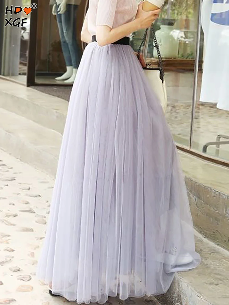 

College Style A-line Elastic High Waist Pleated Soild Color 2layer Tulle Puffy Skirt Spring Women All-match Fairy Harajuku Skirt