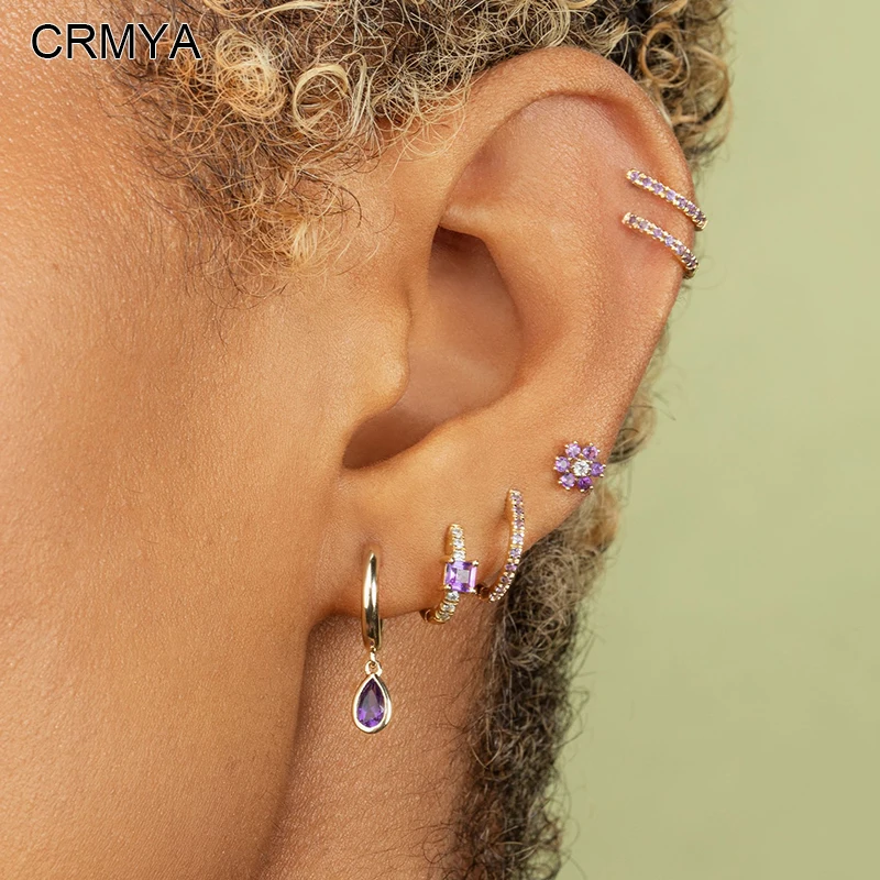CRMYA Gold Silver Filled Drop Hoop Earrings For Women Piercing Purple CZ Zircon Women's Dangle Earrings 2022 Jewelry Wholesale