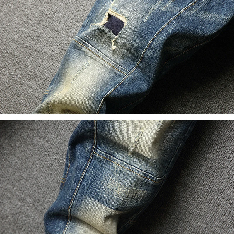 Streetwear Fashion Men Jeans Retro Blue Elastic Slim Fit Spliced Designer Vintage Ripped Jeans Men Hip Hop Biker Pants Hombre