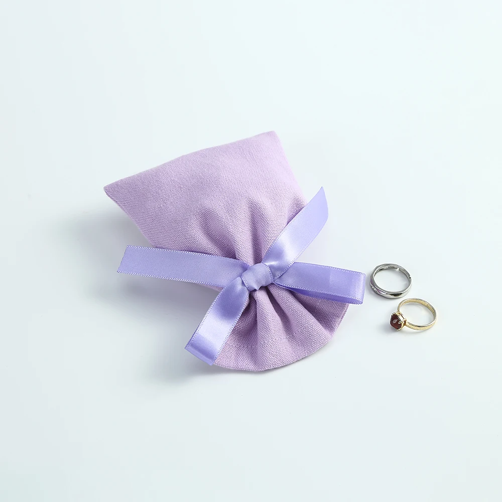 50pcs Purple Cotton Burlap Bucket Jewelry Bag with Ribbon Gift Pouches for Wedding Party Candy Bag Custom Logo Organizer Present