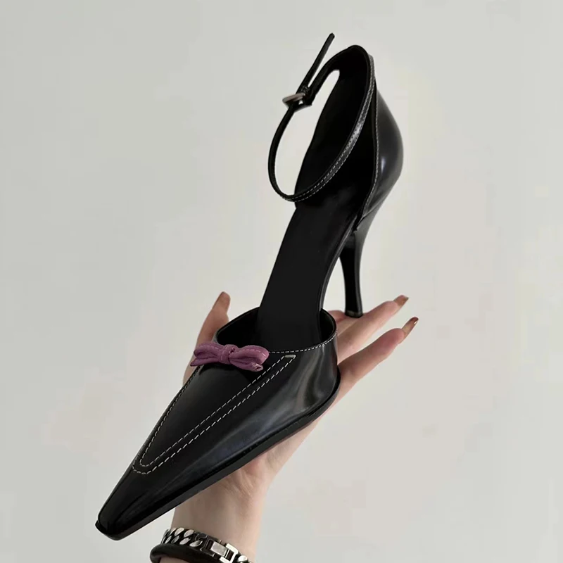 

Женские босоножки в стиле ретро с розовым бантом и острым носком, новинка 2023, элегантная женская классическая обувь на высоком каблуке-шпильке с ремешком на щиколотке и бантом-бабочкой