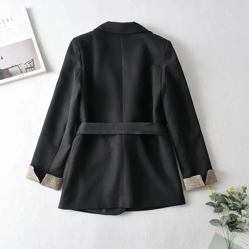 Korean Fashion Black Blazer Suit with Sashes Women Solid Colors Single Breasted Office Blazer 2021 Elegant Casual Commute Coats