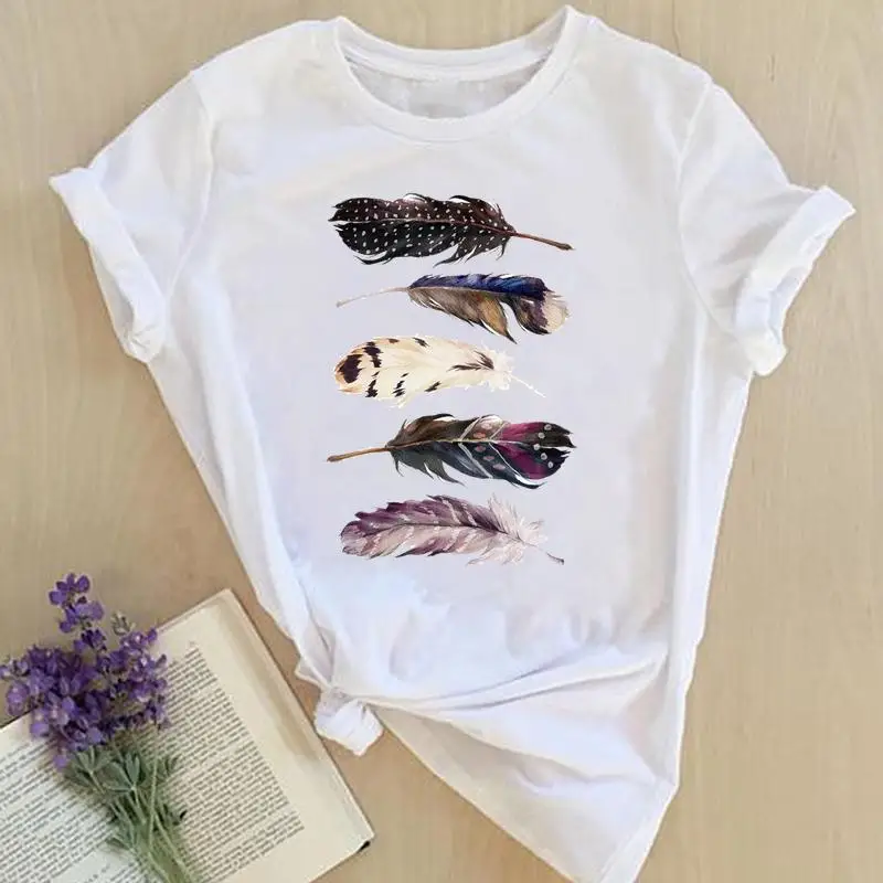 

Female Ladies Summer Fashion Lady Tshirt Graphic T-Shirt Women Print Feather Vintage 90s Cute Tops Clothes Short Sleeve Tees