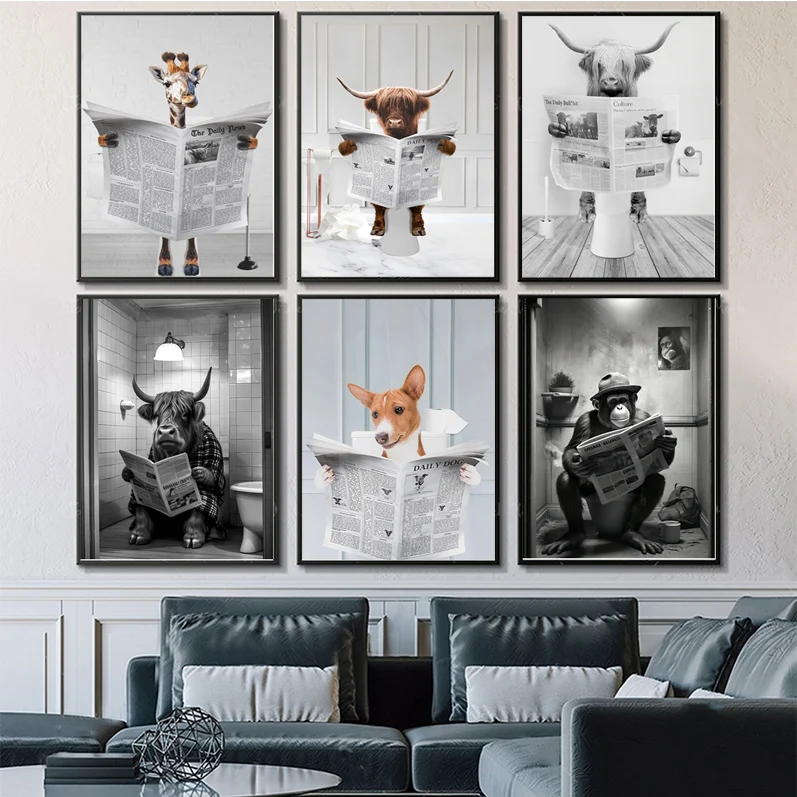 

Animals Sitting on the Toilet Reading Poster Self-adhesive Poster Whitepaper Prints Posters Artwork Aesthetic Art Wall Painting