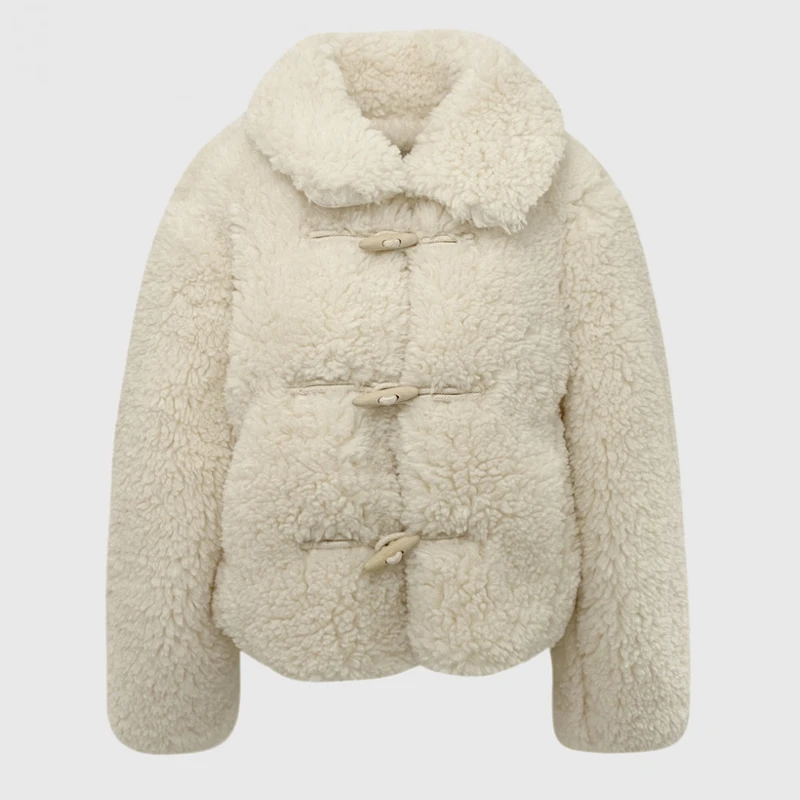2022 Winter Thicken Short Lamb Fur Coat Jacket Women's Female Horn Buttons Single Breasted Outerwear Warm Overcoat