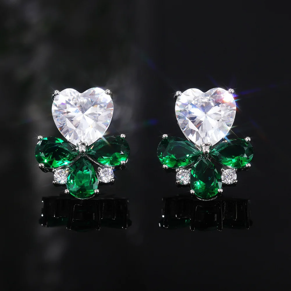 

New Trendy Silver Plated Zircon Leaf Earrings For Women Shine Green White CZ Stone Inlay Party Gift Piercing Stud Earring