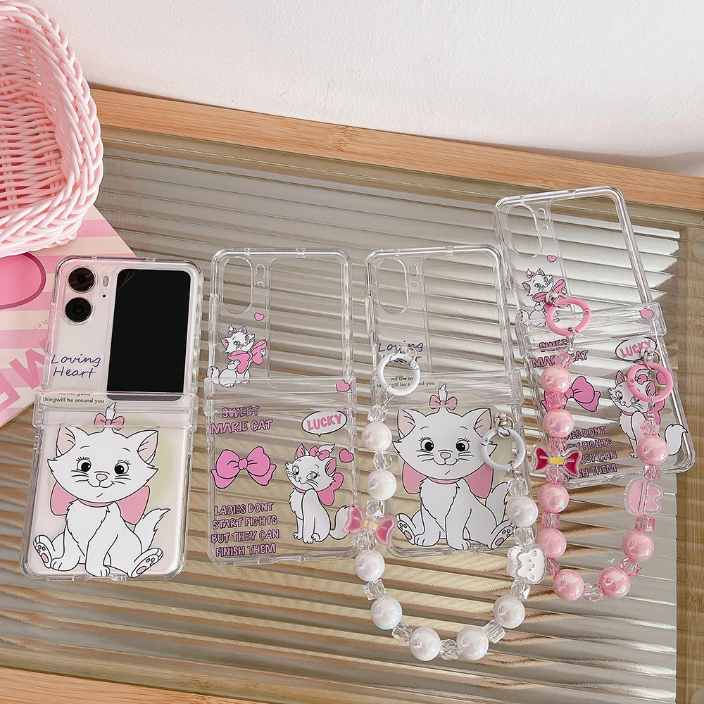 

Disney Mary Cat with Lanyard Bracelet Clear Phone Case for OPPO Find N2 Flip 5G Fold Anti-fall Back Cover Girl Gift Coque