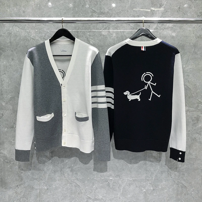 TB THOM Sweater Men Cardigan Matchstick Men Puppy Fashion Design Cardigans Patchwork Style White Striped Luxury Brand Sweaters