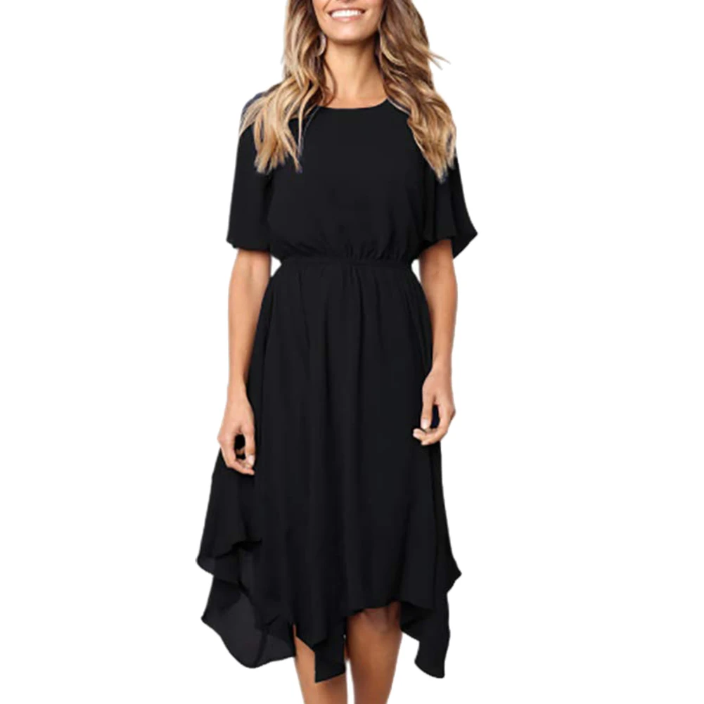 

2022 Women Dress Fashion Summer Lady Solid Color Irregular Tight Waist Short Sleeve Round Neck Midi Dress Party