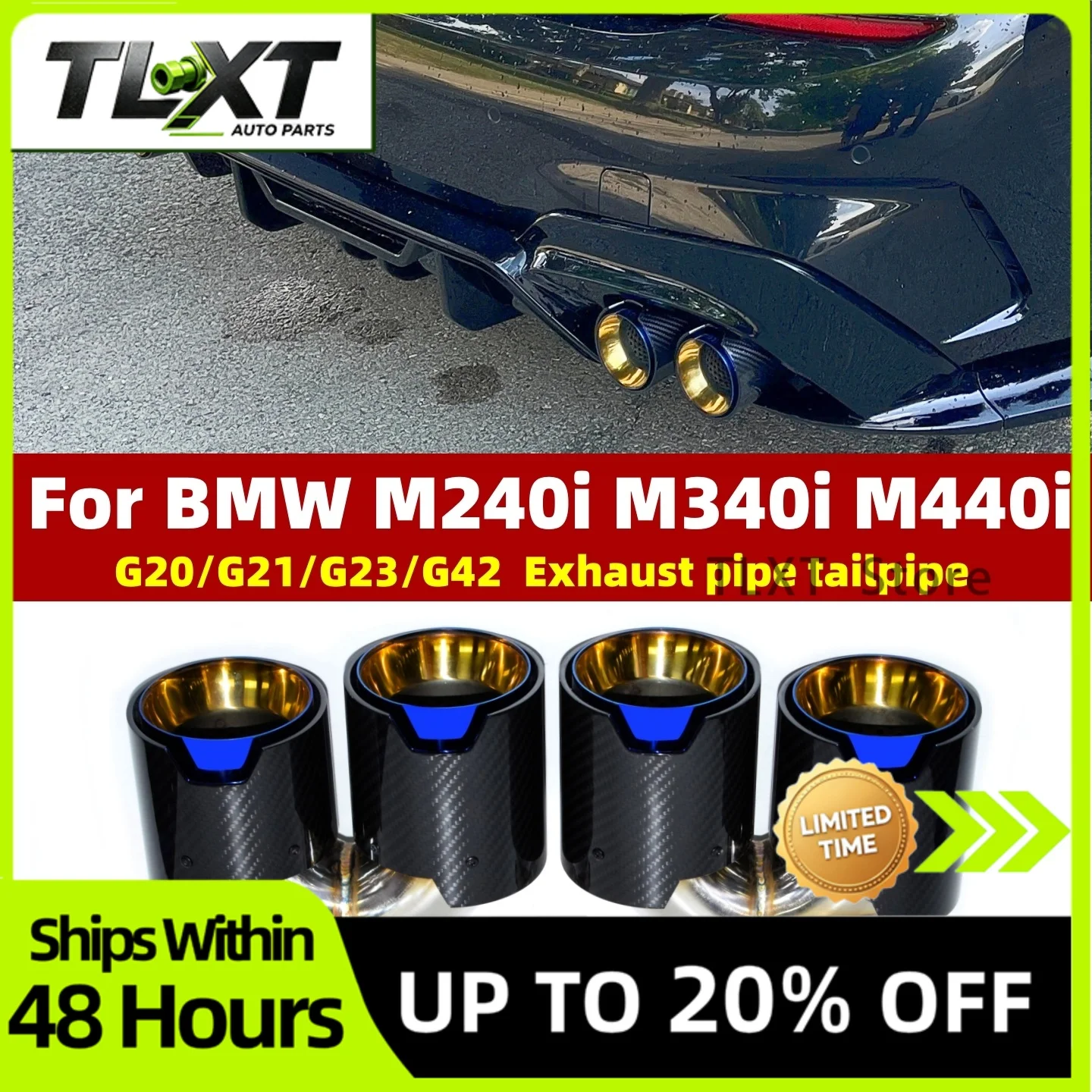 Фото TLXT Насадка на глушитель для BMW 2021 2022 2023 G23 M440i G20 G21 M340i G42 M240i, синяя, с 4 выходами, выхлопная труба №1