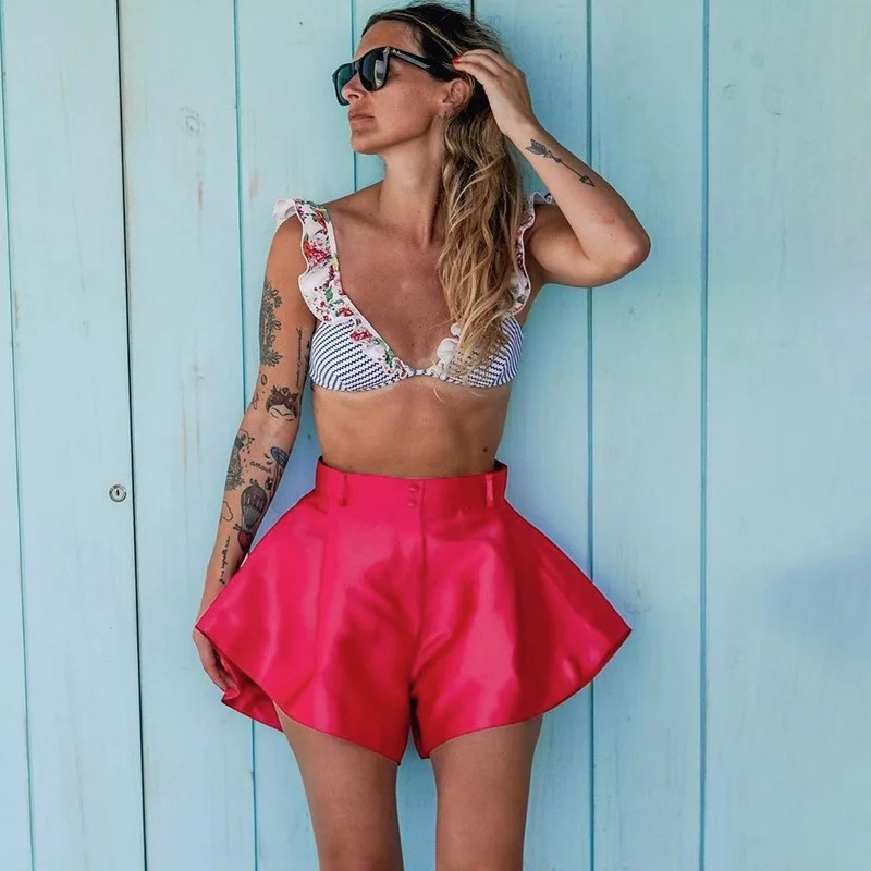 2021 New Hight Waist Loose Flare Hot-Shorts Women Summer Elegant Mini Shorts Fashion Sexy Vacation Solid Color  Wide Leg Shorts