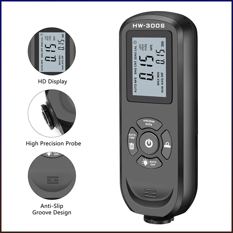 

HW-300S LCD Digital Film Thickness Meter 0-2000UM Coating Thickness Gauge for Car Paint Tester Coating Measuring Tool Backlight