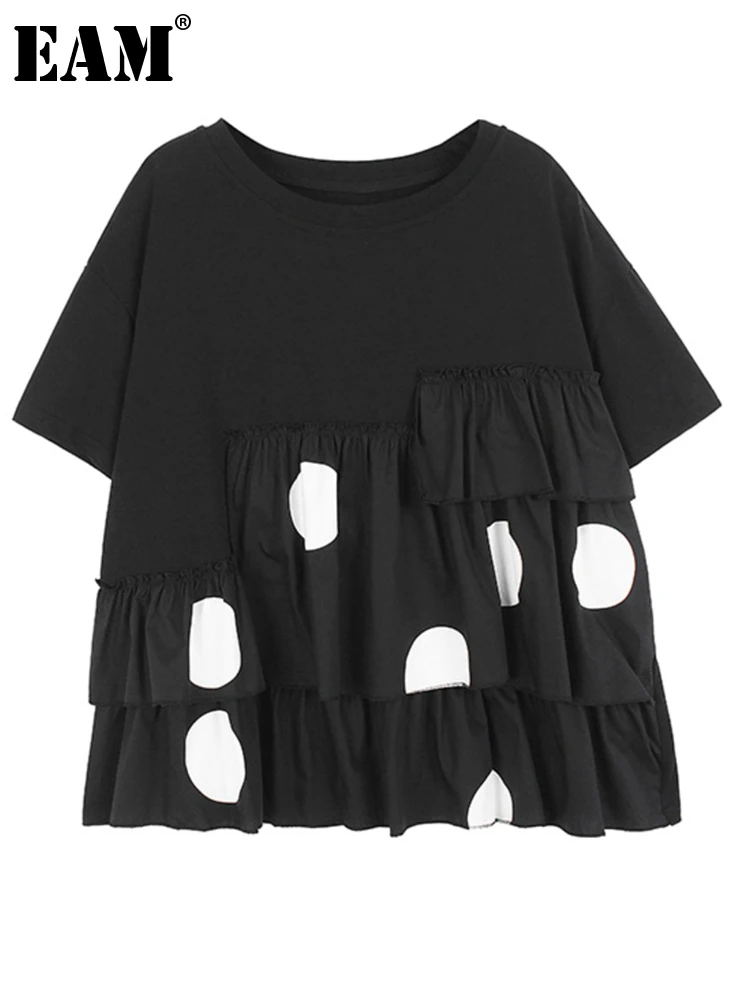 

[EAM] Women Black Dot Ruffles Big Size Casual T-shirt New Round Neck Short Sleeve Fashion Tide Spring Summer 2023 1DF7941