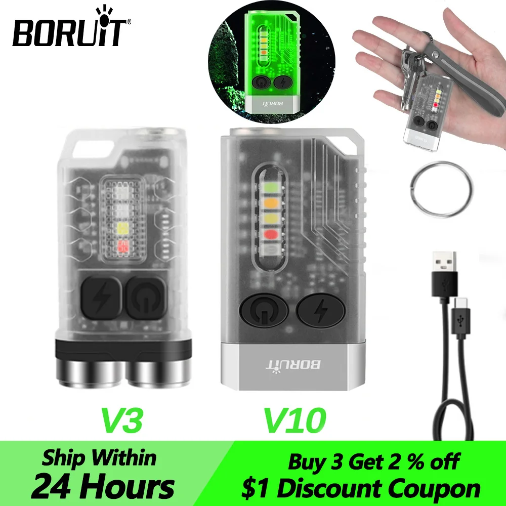 BORUiT Portable Key Light 1000LM Micro EDC Flashlight Type-C Rechargeable Pocket Torch Waterproof With Magnet UV Emergency Torch