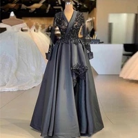 dark gray lace evening dress vintage long sleeves satin formal evening gown arabic plus size party pageant dress plus size