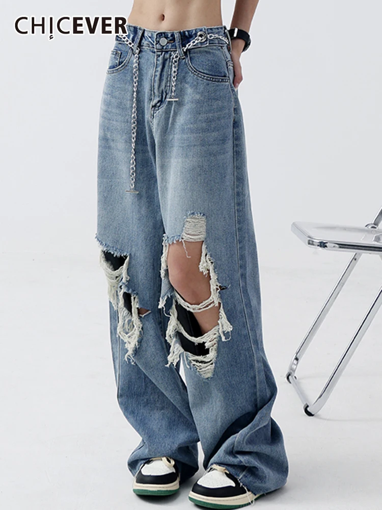 

CHICEVER Spring Fashion Solid Long Denim Pants For Women High Waist Patchwork Holes Wide Leg Streetwear Jeans Female 2022 Style