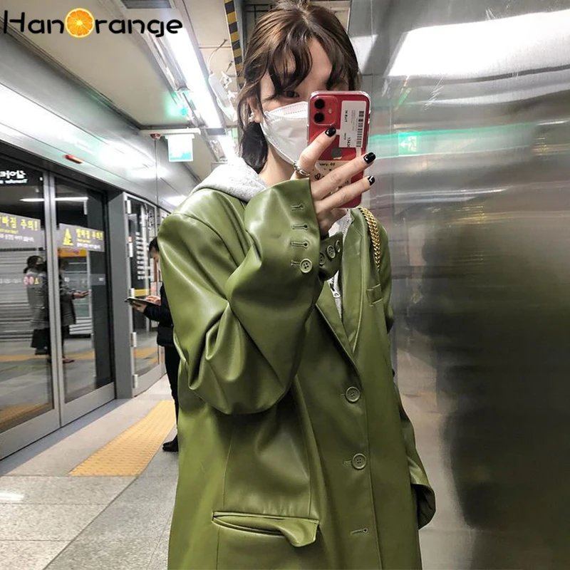 

HanOrange Chic Autumn Winter French Retro Suit Collar Three Buttons All-match Loose Casual Long-sleeved PU Leather Jacket Women