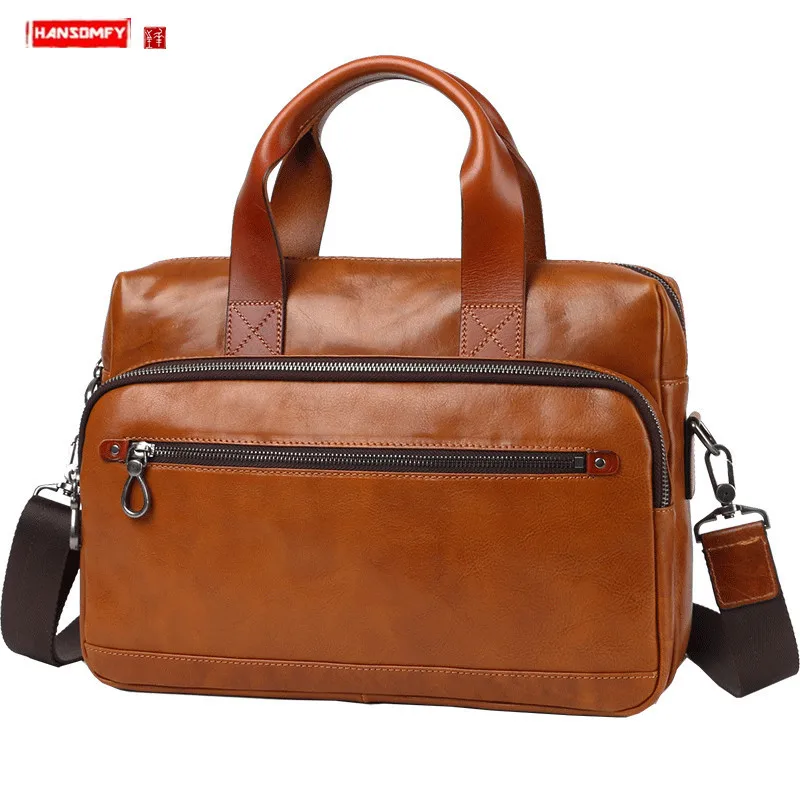 

Business Handbag Men's Leather Briefcase Men 14 Inch Laptop Bag Casual Shoulder Slant Computer Bag Large Capacity Leather Bags
