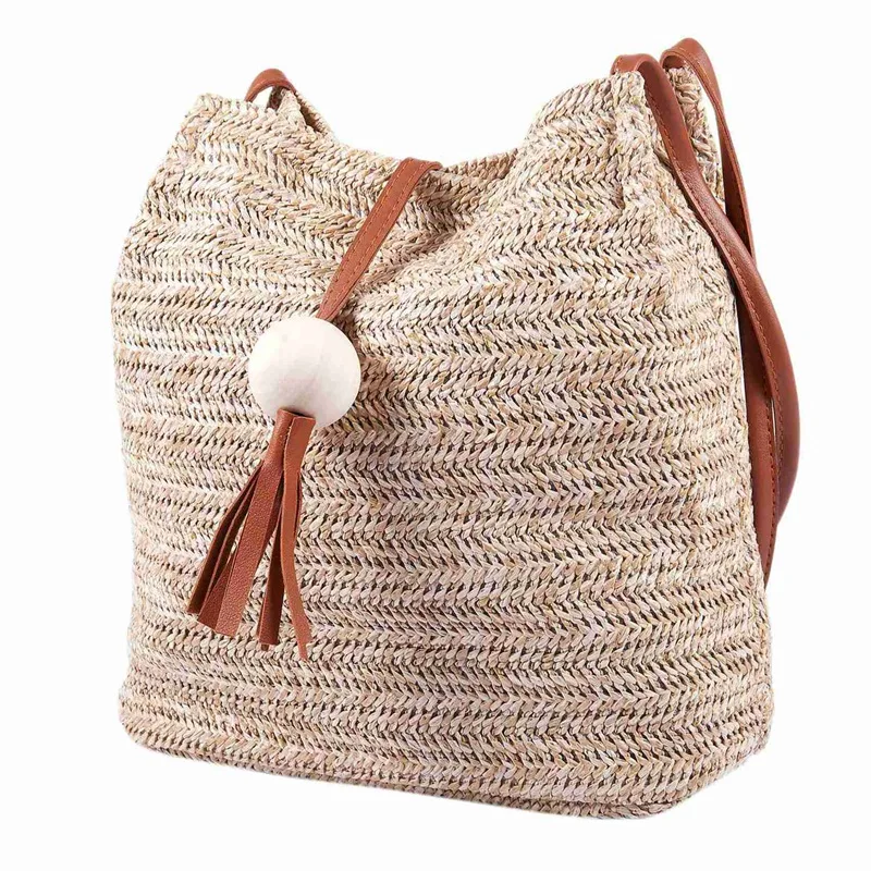 

ASDS-3X Bali Vintage Handmade Crossbody Leather Bag Round Straw Beach Bag Girls Circle Rattan Bag (Brown)