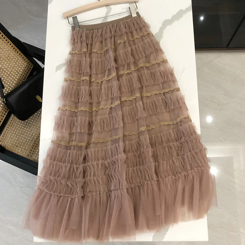 

Женская сетчатая юбка с оборками, трапециевидная длинная юбка-макси с высокой талией, в стиле пэчворк, 36 дюймов, на лето