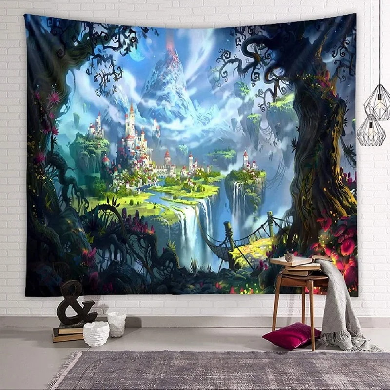 

Forest Castle Psychedelic Tapestry Wall Hanging Fairy Tale Tapestry Magic Castle Tree Cartoon Tapestry Bedroom Room Decoration