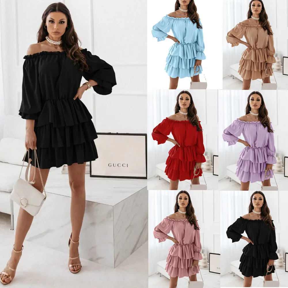 

New Women Solid Color Dress Sexy Women Ruffles Summer Dress Long Sleeves Spring Dress 6ColorsTo Choose Drop Shipping