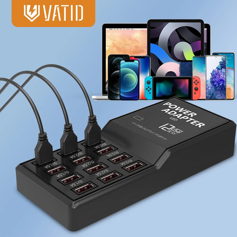

Vatid 100W USB Charger 5V/12A 12-Ports Desktop Charging Station Portable Power Adapter for iPhone 12 Samsung Huawei and Xiaomi