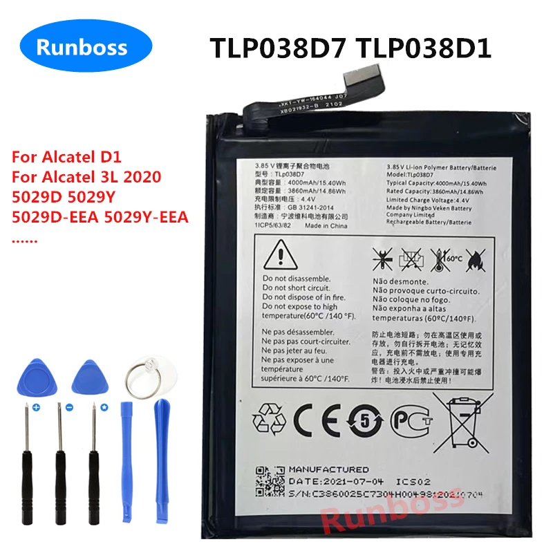 

Оригинальный аккумулятор TLP038D7 TLP038D1 4000 мАч для Alcatel D1 для Alcatel 3L (2020) 5029D 5029Y 5029d-eee 5029Y-Европейское соответствие