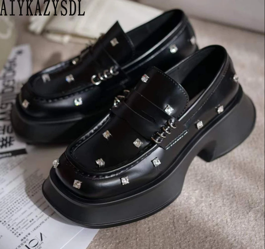 

AIYKAZYSDL Casual Shoes Women Crystal Rhinestone Loafers Platform Thick Heel Flat Oxfords Boat Shoes Chunky Low Heel Sneakers