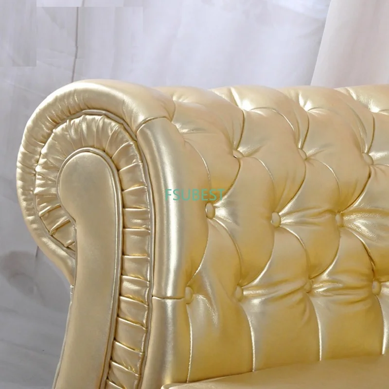 Modern Chesterfield Style Sofa Wooden Living Room Set Designs Gold color Leather Loveseat couch | Мебель