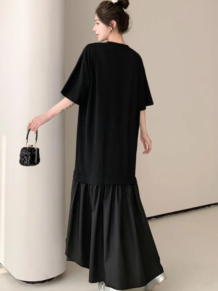 Новое летнее корейское женское платье Vestidos Robe Elbise, свободные однотонные лоскутные длинные платья больших размеров с короткими рукавами и разрезом (art.: 3920cd5ed8daf) - 3920cd5ed8daf