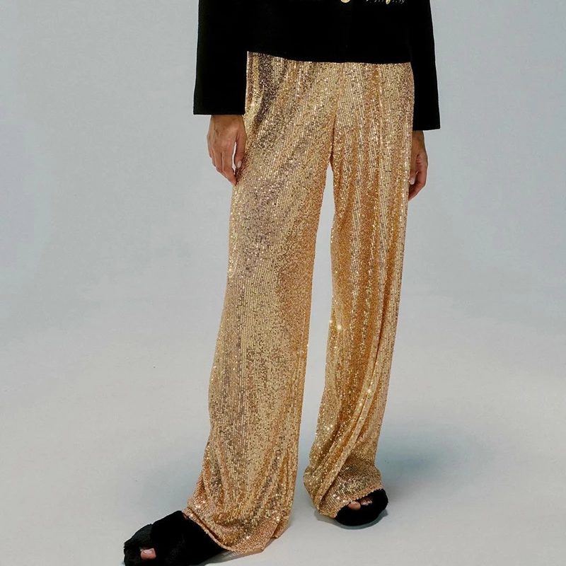 

2023 New Summer Women Streetwear Pants Fashion Shiny Sequin Elastic Waist Long Pants Casual Draped Solid Party Straight Trousers