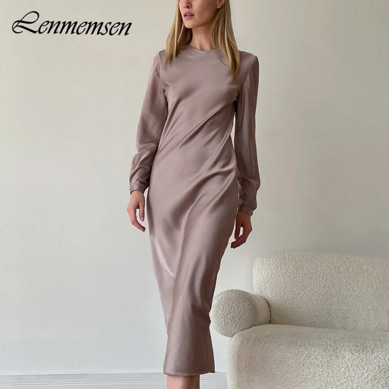 

Lenmemsen Elegant Satin Dresses for Women Autumn Slim O-neck Long Sleeve Midi Dress Female Zipper Simple High Waist Khaki Dress