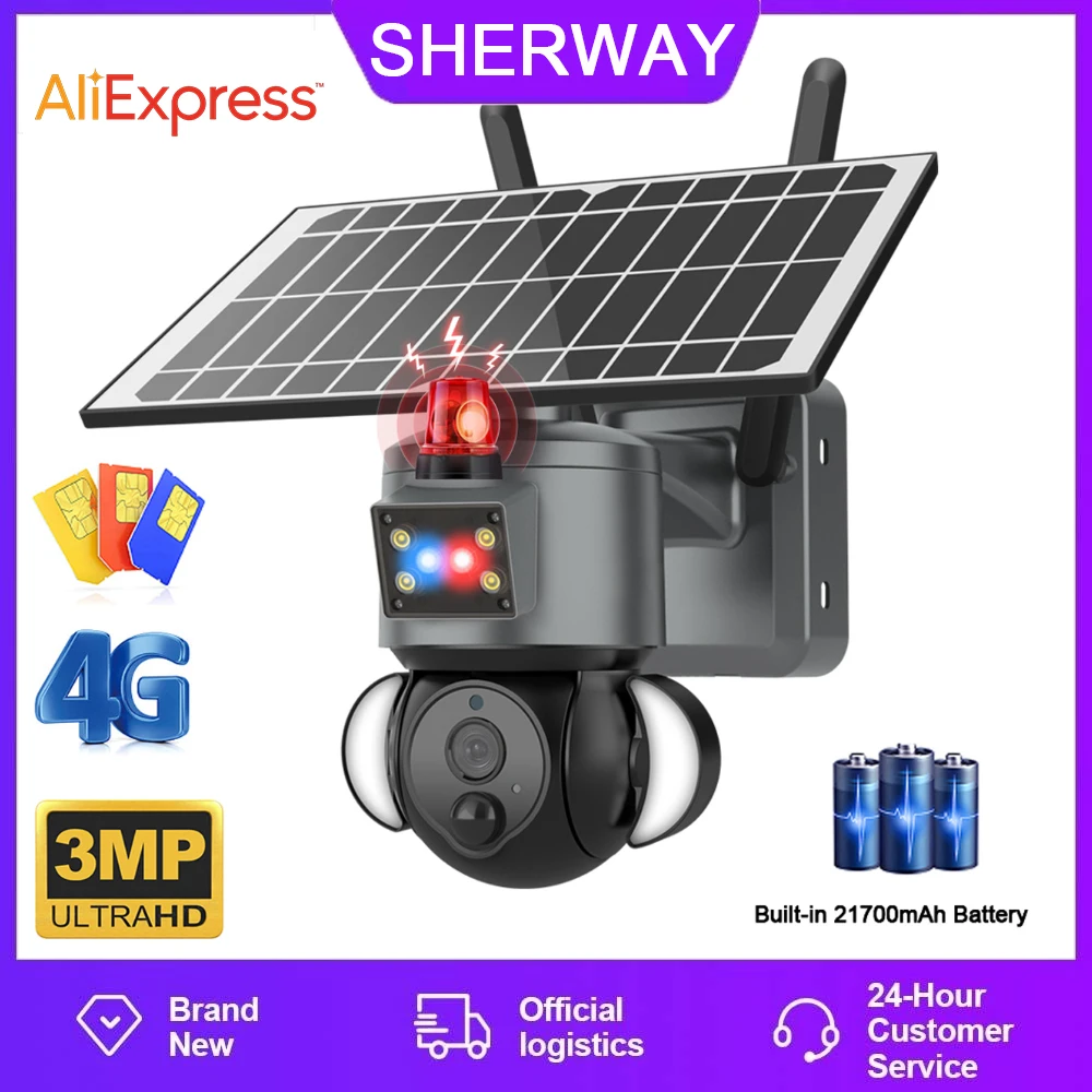 

Sherway S52 4G Solar Camera Outdoor Solar Panel 3MP HD WIFI Wireless Security CCTV 21000mAh Battery with Anti-theft Siren Alarm
