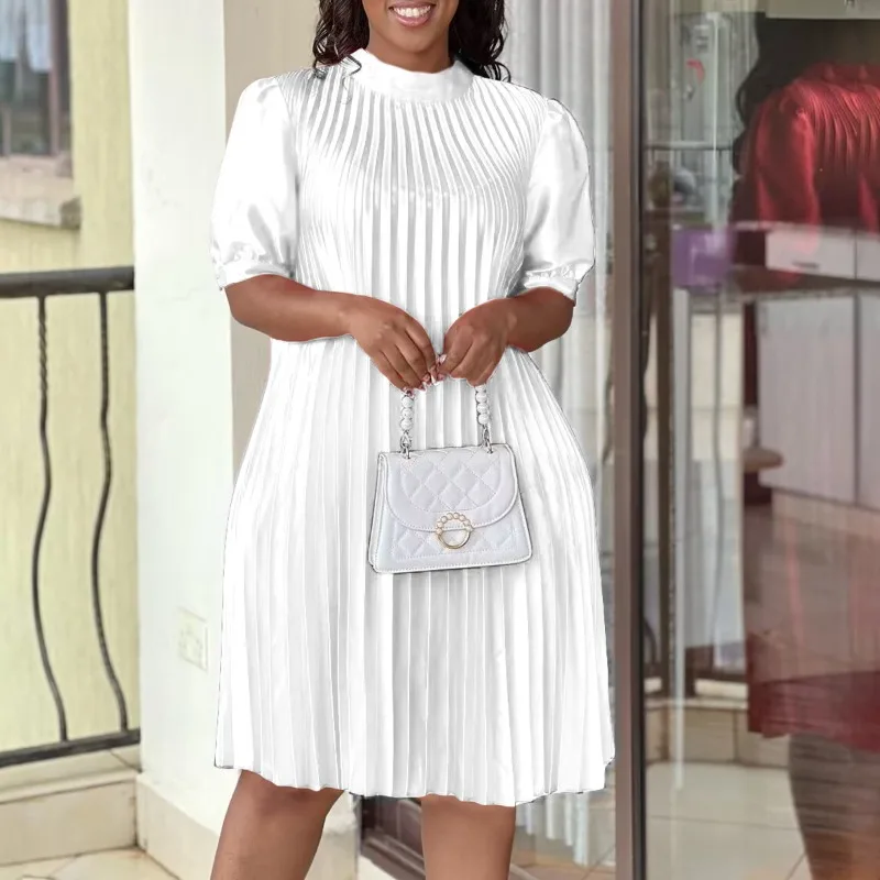 

2023 Summer women fashion dress loose pleated Large size dress women elegant sweet round neck short sleeve pleated mini dress