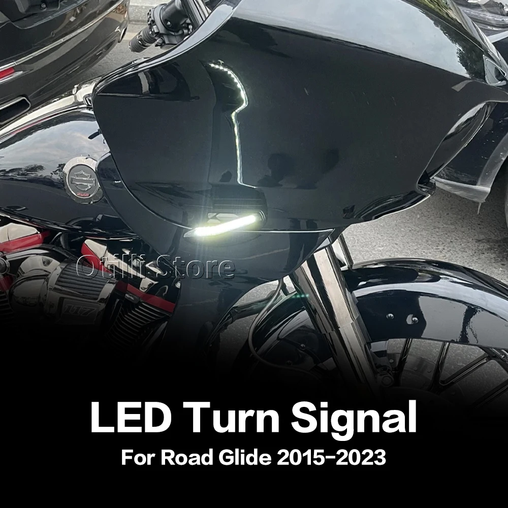 Фото Новинка для Road Glide FLTRX FLTRK FLTRU 2015-2023, боковые светодиодные указатели поворота мотоцикла, струящиеся огни, двойные мигающие лампы, черные №2