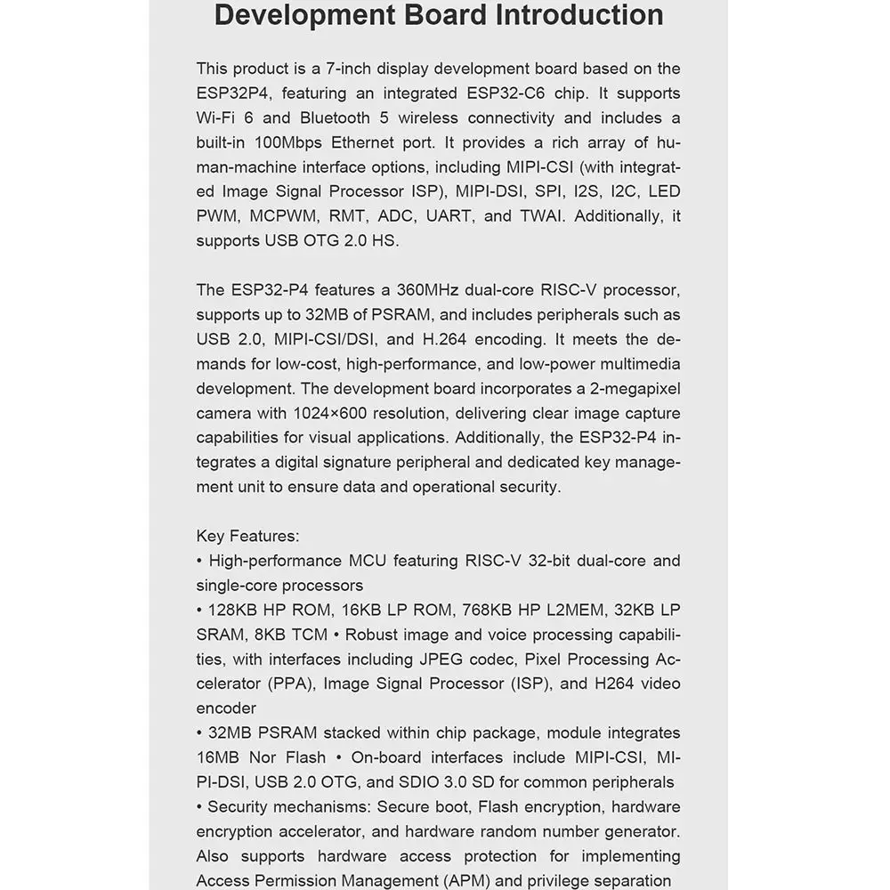 7,0-дюймовый дисплей, плата для разработки ESP32-P4, IPS-экран, модуль камеры, плата для разработки ESP32-C6, Wi-Fi, Bluetooth (art.: 3920d92520ff3) - 3920d92520ff3