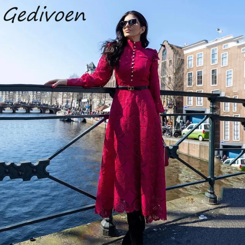 

Gedivoen Summer Fashion Runway Vintage Dress Women Stand Collar Ruffles Splicing Button Sashes Embroidery Hollow Out Midi Dress