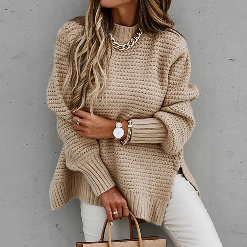 

Elegant Casual Turtleneck Solid Color Jumper Lady Long Sleeve Loose Knitted Sweater Winter Autumn Office Thickness Warm Knitwear