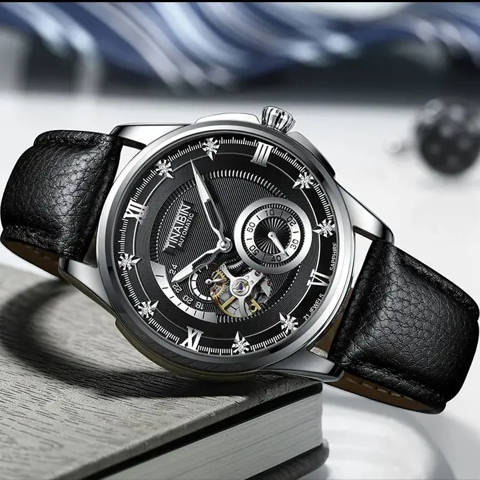 Мужские часы Top Skeleton Roman Diamond с автоматическим механизмом кожаные