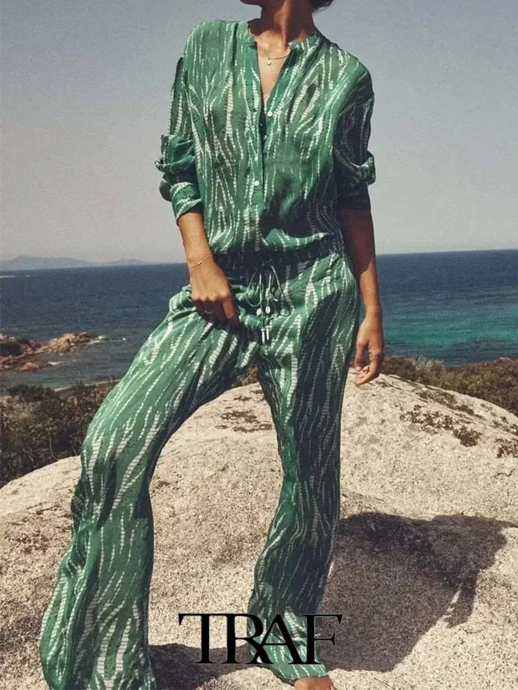 

TRAF 2023 Woman 2 Piece Set Fashion Shirt Suit Printed Long Shirt Top+Printed Home Casual Pants Causal Outfits