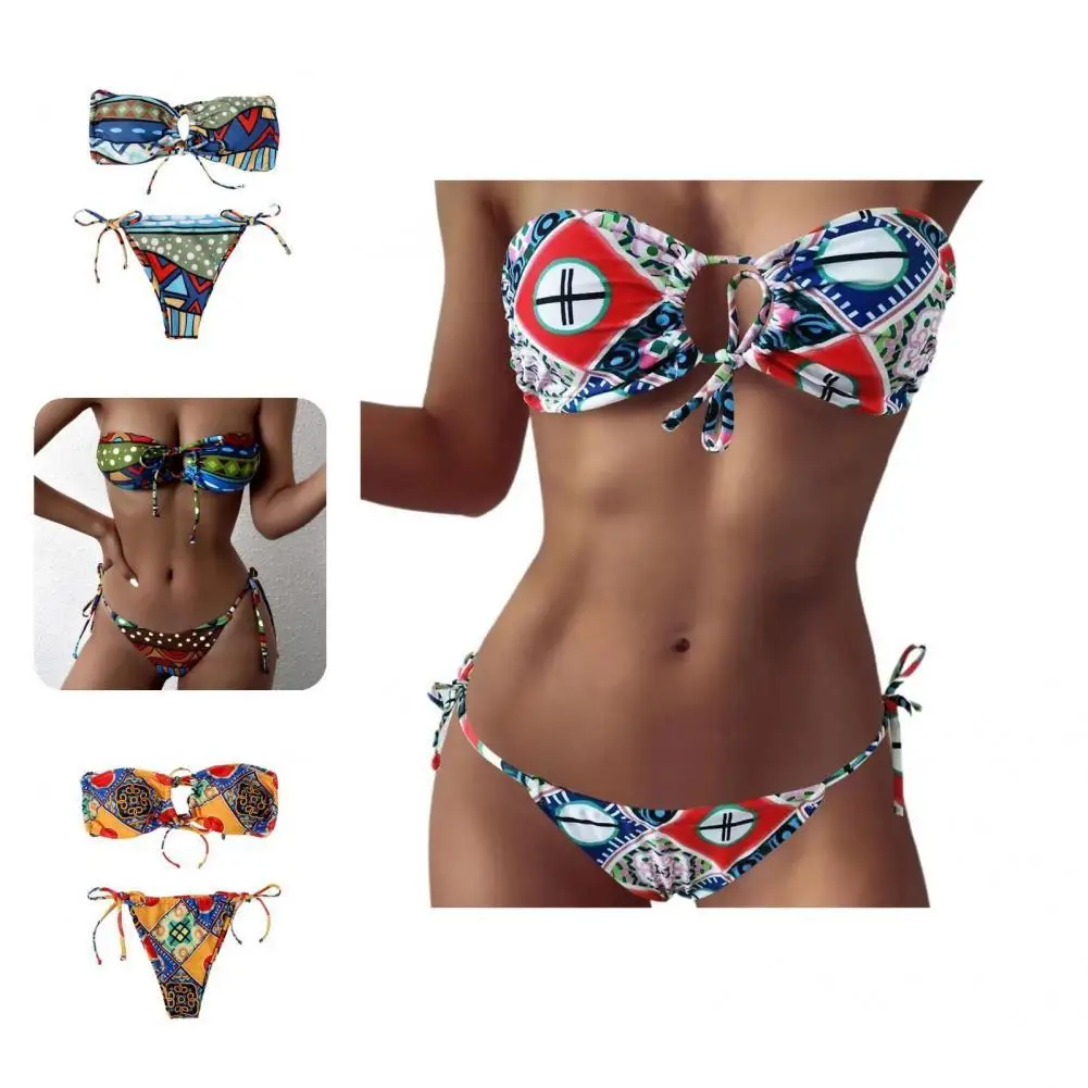 

Стильный купальный костюм, пляжная одежда с эффектом пуш-ап, летний комплект бикини, Бюстгальтер-бандо с принтом в стиле ретро, трусы с заниж...